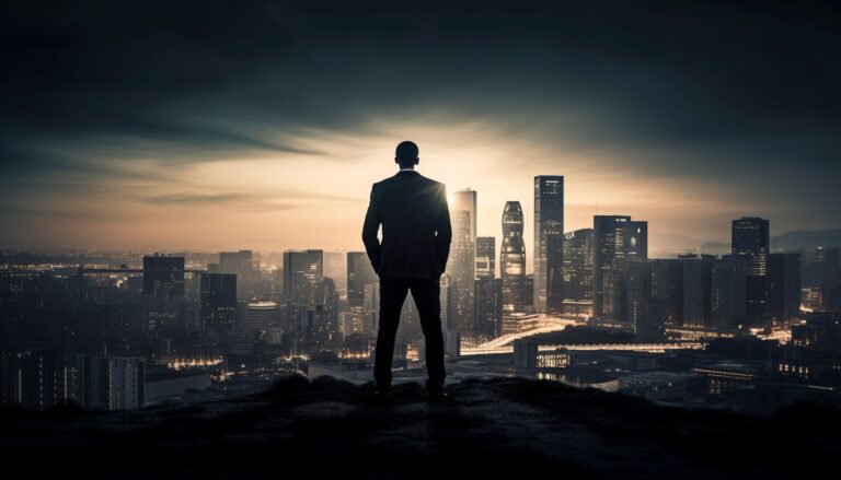 city businessman standing skyscraper back lit silhouette generated by ai (1)